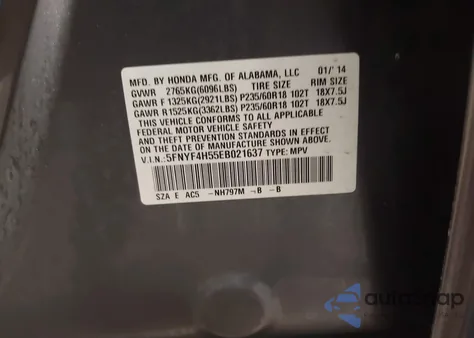 2014 Honda Pilot Ex-L from USA, damaged, VIN 5FNYF4H55EB021637